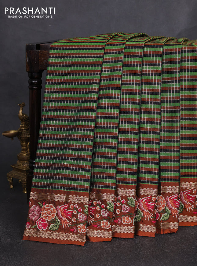 Tussar silk saree multi colour and black with allover zari checked pattern and zari woven conven embroidery work border