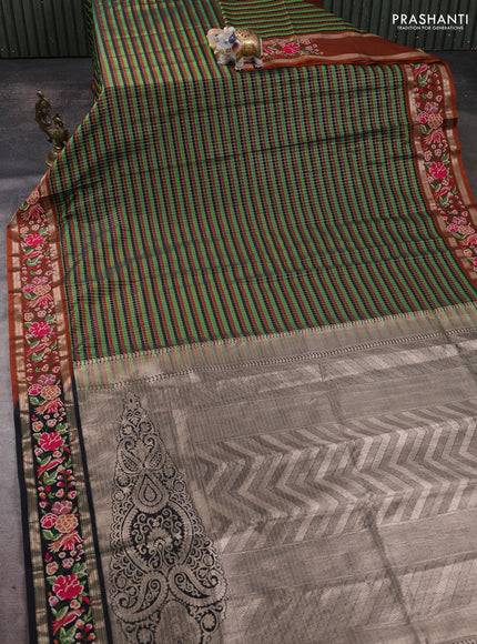 Art tussar silk saree multi colour and black with allover zari checked pattern and zari woven conven embroidery work border