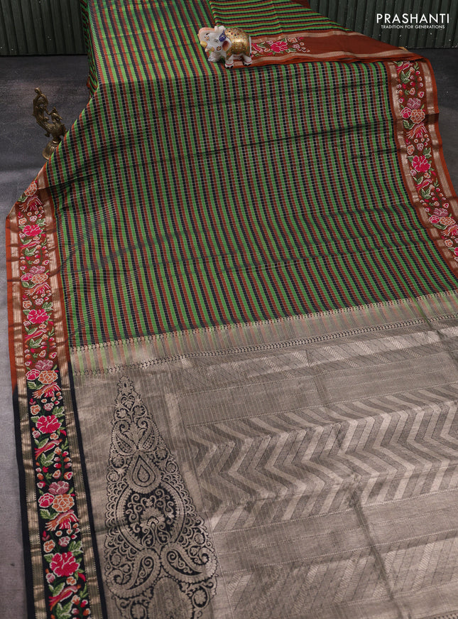 Tussar silk saree multi colour and black with allover zari checked pattern and zari woven conven embroidery work border