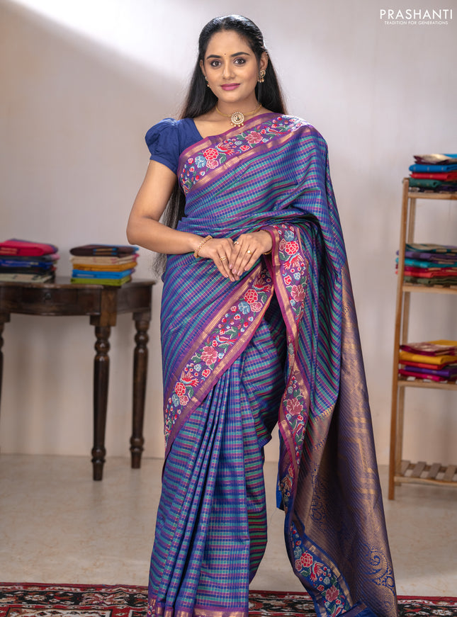 Tussar silk saree multi colour and blue with allover zari checked pattern and zari woven conven embroidery work border