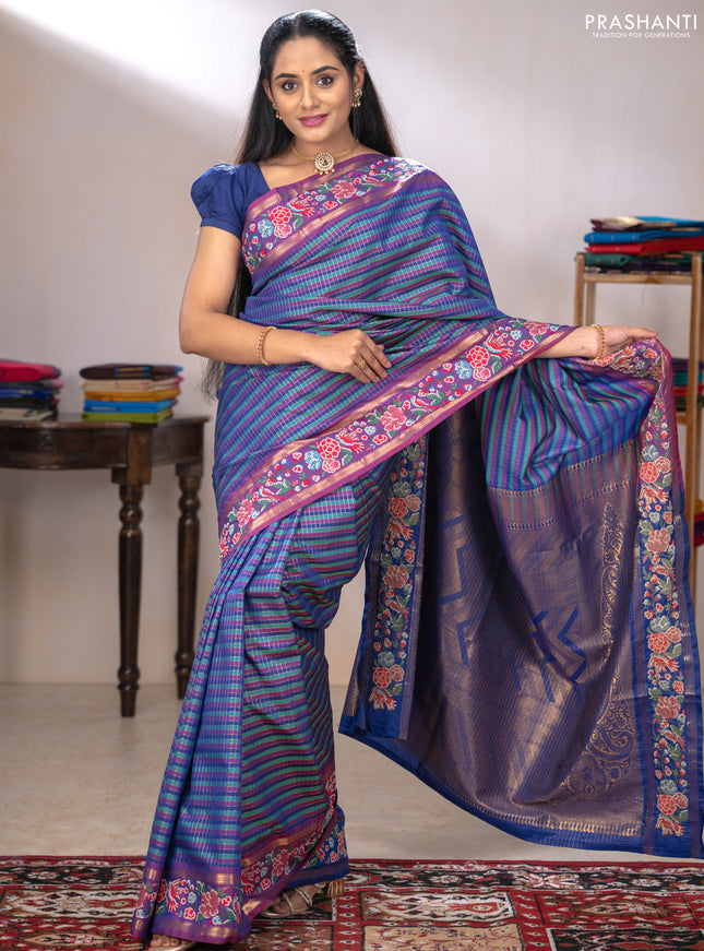 Tussar silk saree multi colour and blue with allover zari checked pattern and zari woven conven embroidery work border