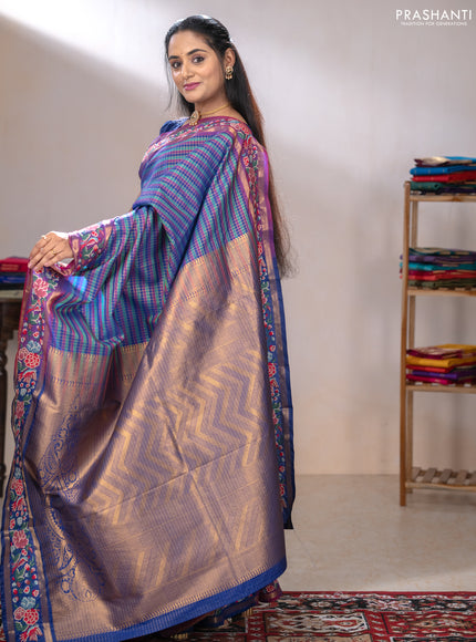 Tussar silk saree multi colour and blue with allover zari checked pattern and zari woven conven embroidery work border