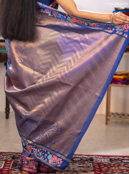 Tussar silk saree multi colour and blue with allover zari checked pattern and zari woven conven embroidery work border