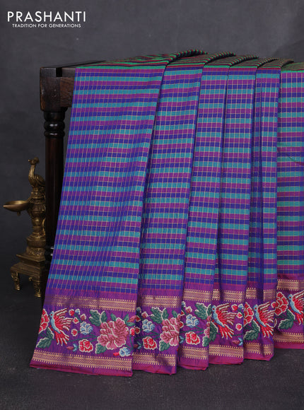 Art tussar silk saree multi colour and blue with allover zari checked pattern and zari woven conven embroidery work border