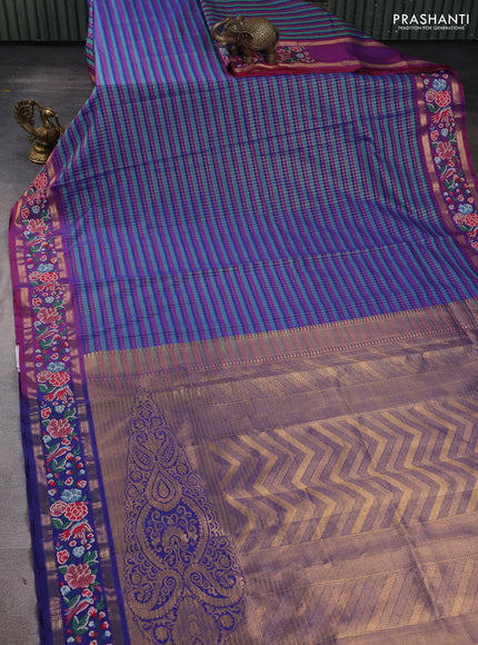 Art tussar silk saree multi colour and blue with allover zari checked pattern and zari woven conven embroidery work border
