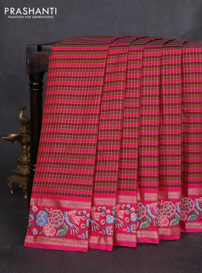 Tussar silk saree multi colour and maroon with allover zari checked pattern and zari woven conven embroidery work border