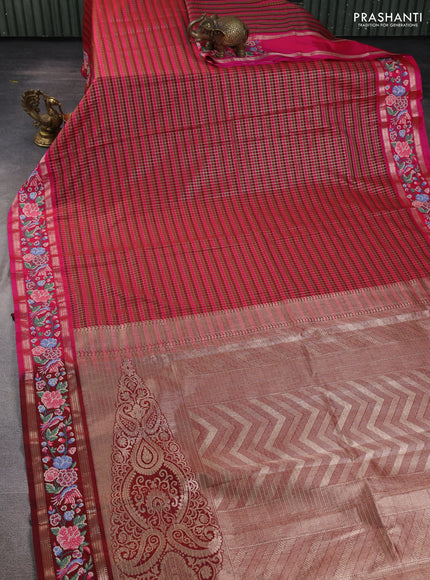 Art tussar silk saree multi colour and maroon with allover zari checked pattern and zari woven conven embroidery work border