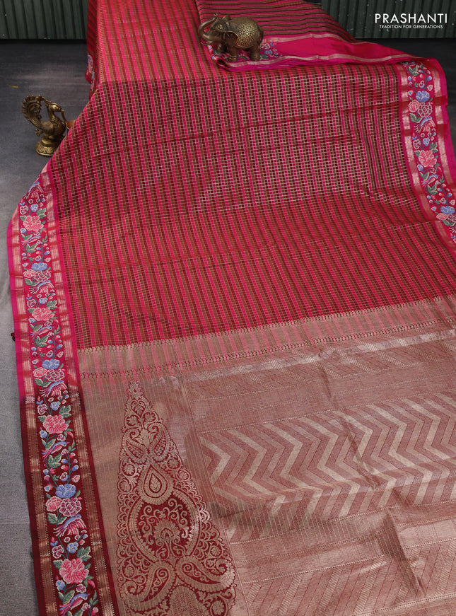 Tussar silk saree multi colour and maroon with allover zari checked pattern and zari woven conven embroidery work border