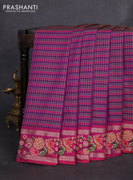 Art tussar silk saree multi colour and purple with allover zari checked pattern and zari woven conven embroidery work border