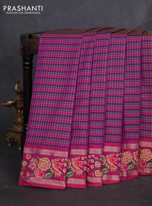 Tussar silk saree multi colour and purple with allover zari checked pattern and zari woven conven embroidery work border