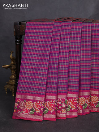 Tussar silk saree multi colour and purple with allover zari checked pattern and zari woven conven embroidery work border