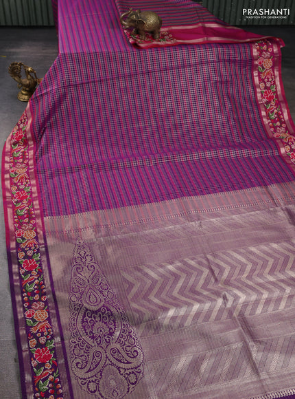 Art tussar silk saree multi colour and purple with allover zari checked pattern and zari woven conven embroidery work border