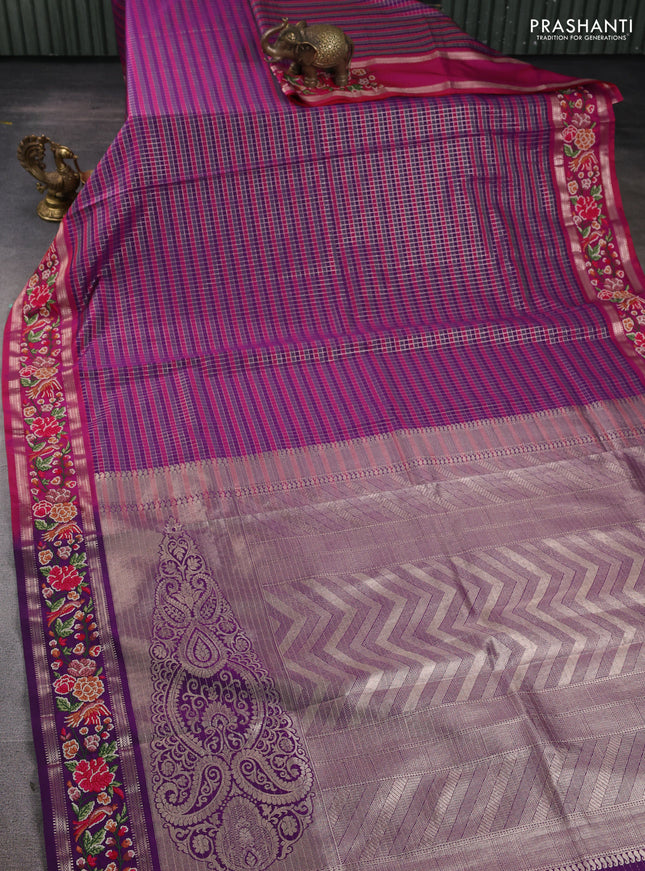 Tussar silk saree multi colour and purple with allover zari checked pattern and zari woven conven embroidery work border