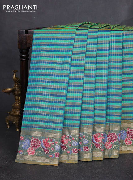 Art tussar silk saree multi colour and peacock green with allover zari checked pattern and zari woven conven embroidery work border