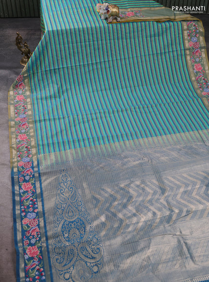 Art tussar silk saree multi colour and peacock green with allover zari checked pattern and zari woven conven embroidery work border