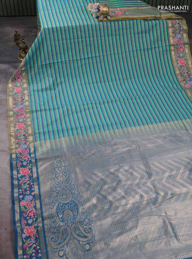 Tussar silk saree multi colour and peacock green with allover zari checked pattern and zari woven conven embroidery work border
