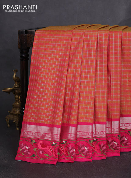 Art tussar silk saree dark mustard pink and pink with allover zari checked pattern and zari woven embroidery work border