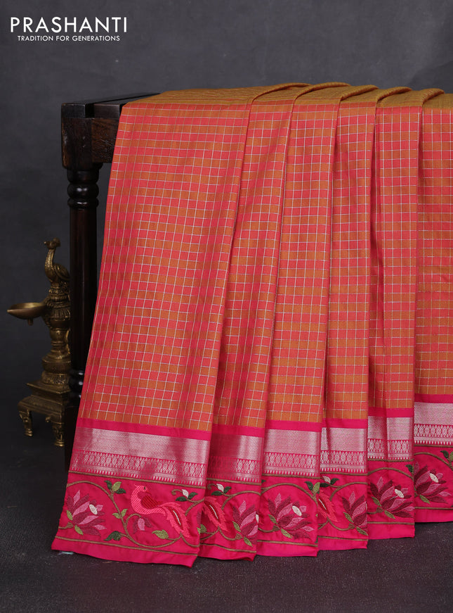 Tussar silk saree dark mustard pink and pink with allover zari checked pattern and zari woven embroidery work border