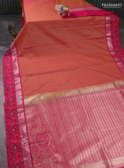Art tussar silk saree dark mustard pink and pink with allover zari checked pattern and zari woven embroidery work border