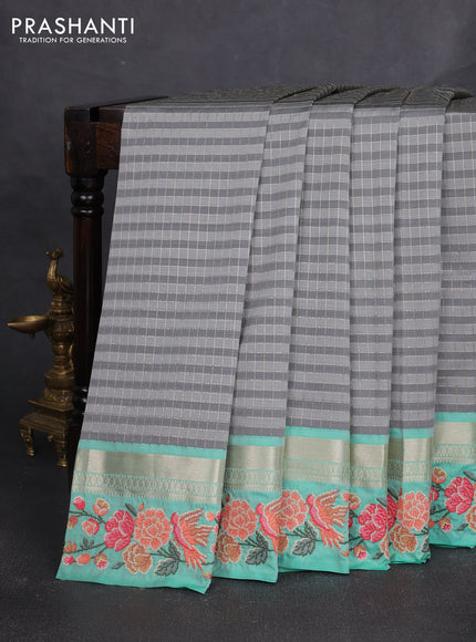 Art tussar silk saree grey and teal green with allover zari checks & buttas and zari woven embroidery work border