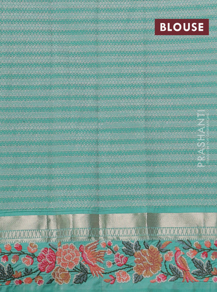 Art tussar silk saree grey and teal green with allover zari checks & buttas and zari woven embroidery work border