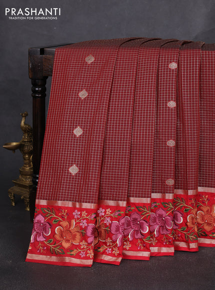Art tussar silk saree maroon and red with allover zari checks & buttas and zari woven embroidery work border