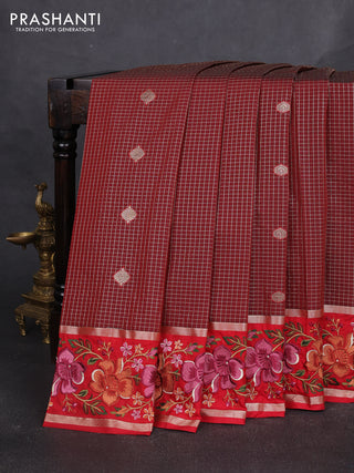 Tussar silk saree maroon and red with allover zari checks & buttas and zari woven embroidery work border