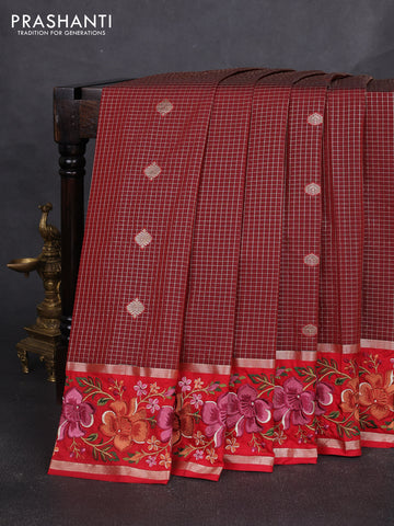 Art silk saree maroon and red with allover zari checks & buttas and zari woven embroidery work border