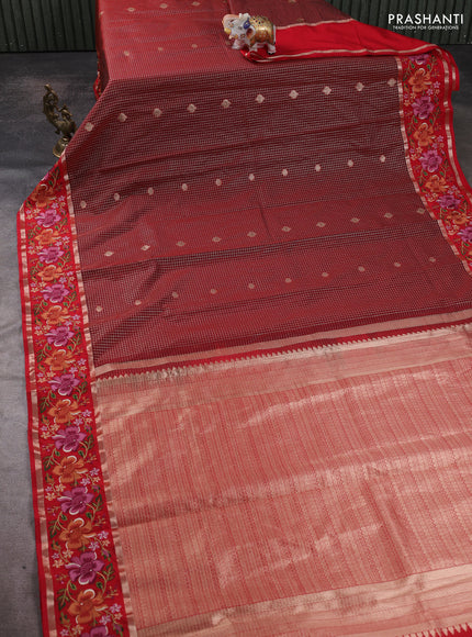 Art tussar silk saree maroon and red with allover zari checks & buttas and zari woven embroidery work border