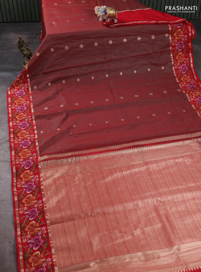 Tussar silk saree maroon and red with allover zari checks & buttas and zari woven embroidery work border