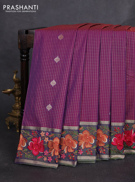 Art tussar silk saree purple and dual shade of violet with allover zari checks & buttas and zari woven embroidery work border