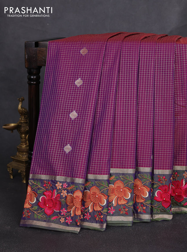 Tussar silk saree purple and dual shade of violet with allover zari checks & buttas and zari woven embroidery work border