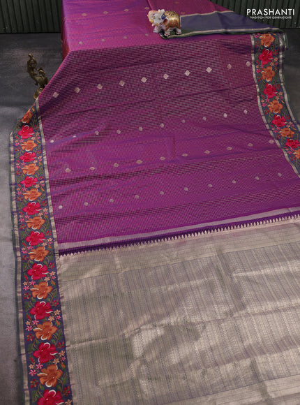 Art tussar silk saree purple and dual shade of violet with allover zari checks & buttas and zari woven embroidery work border