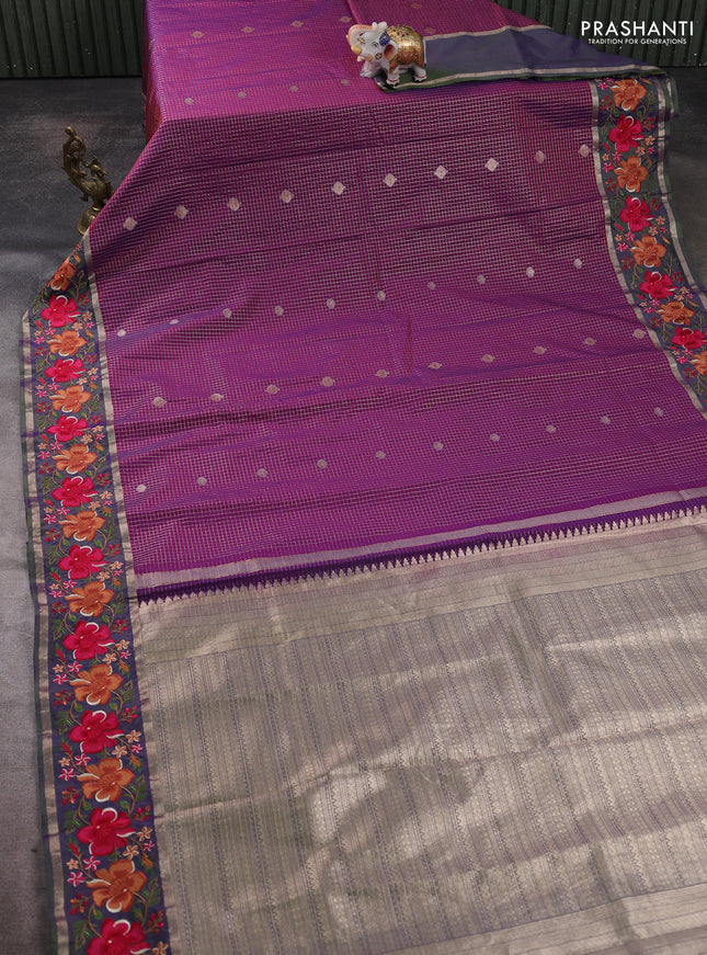 Tussar silk saree purple and dual shade of violet with allover zari checks & buttas and zari woven embroidery work border