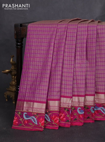 Art tussar silk saree magenta pink with allover zari checked pattern and zari woven embroidery work border
