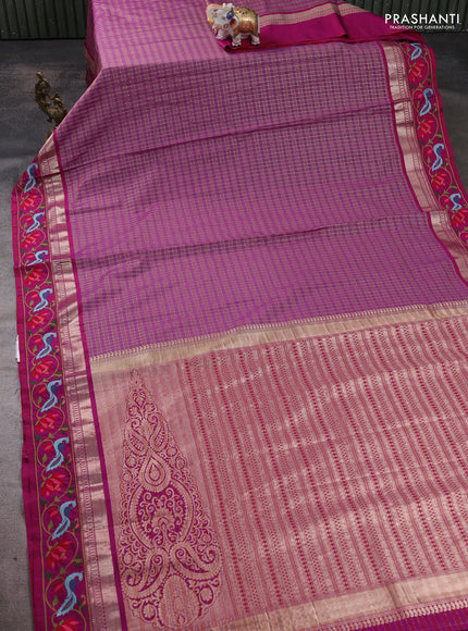 Art tussar silk saree magenta pink with allover zari checked pattern and zari woven embroidery work border