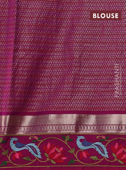 Art tussar silk saree magenta pink with allover zari checked pattern and zari woven embroidery work border