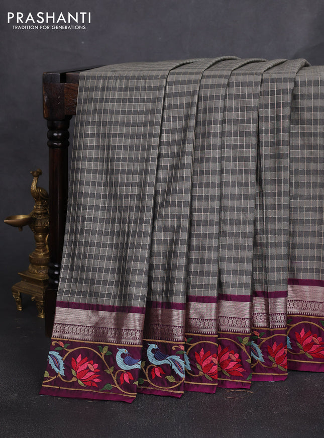 Tussar silk saree grey and purple with allover zari checked pattern and zari woven embroidery work border