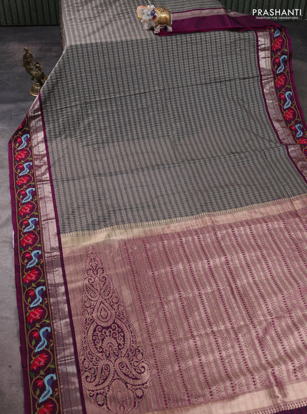Art tussar silk saree grey and purple with allover zari checked pattern and zari woven embroidery work border