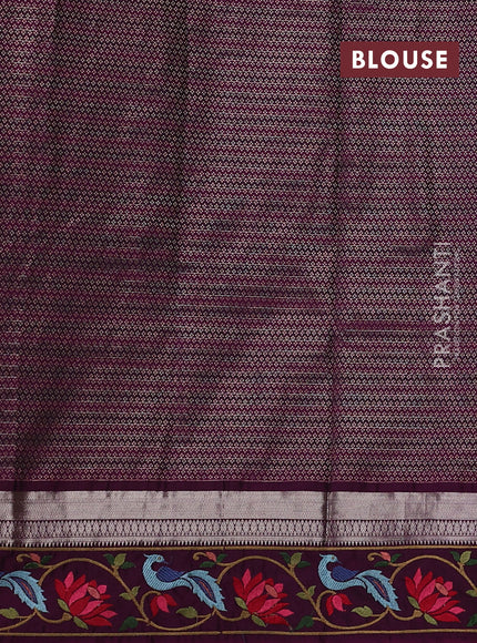 Art tussar silk saree grey and purple with allover zari checked pattern and zari woven embroidery work border