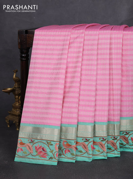 Art tussar silk saree light pink and teal green with allover zari checked pattern and zari woven embroidery work border