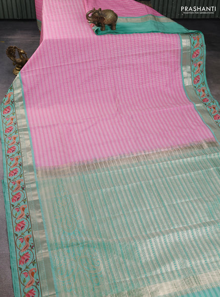 Art tussar silk saree light pink and teal green with allover zari checked pattern and zari woven embroidery work border