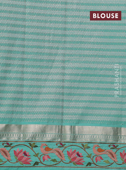Art tussar silk saree light pink and teal green with allover zari checked pattern and zari woven embroidery work border