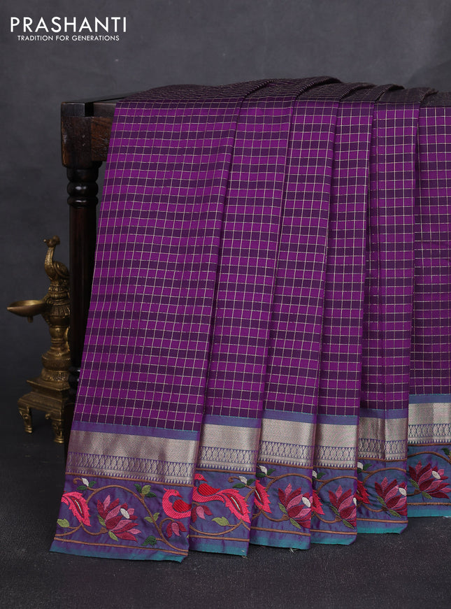 Tussar silk saree purple and dual shade of purple with allover zari checked pattern and zari woven embroidery work border