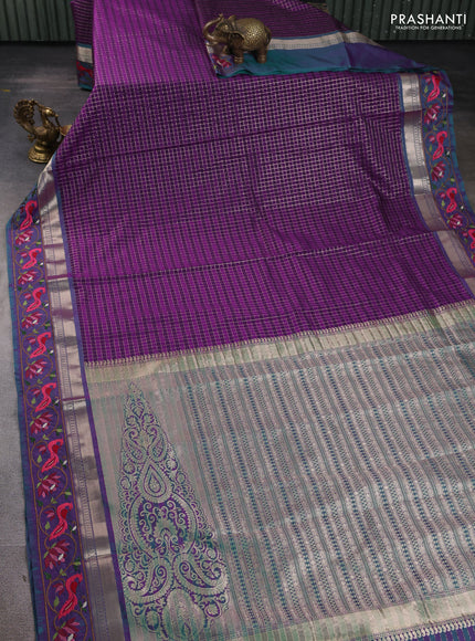 Art tussar silk saree purple and dual shade of purple with allover zari checked pattern and zari woven embroidery work border
