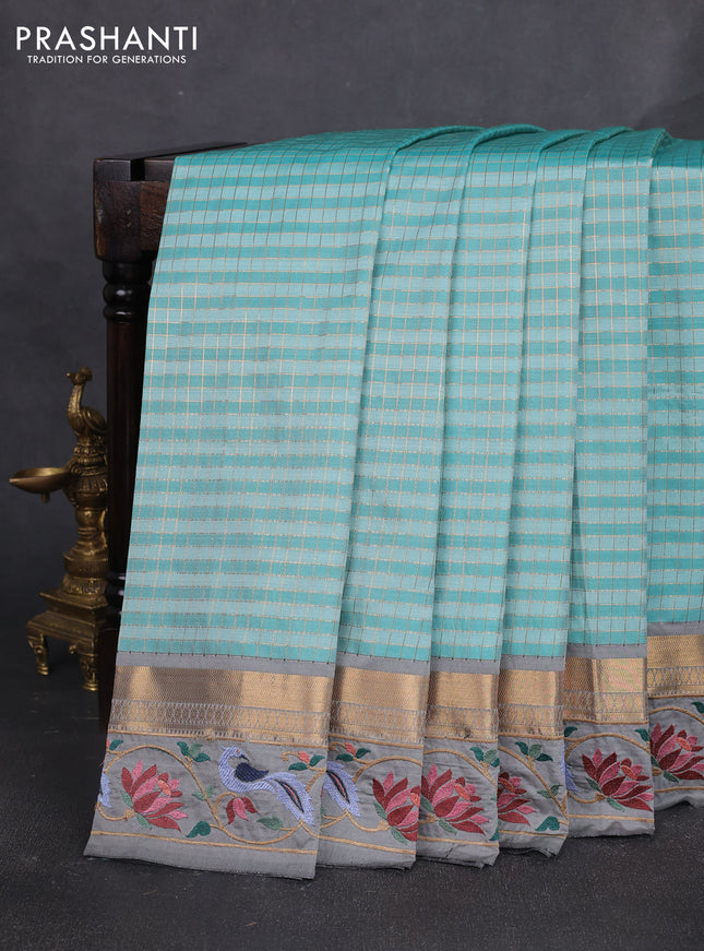 Tussar silk saree teal blue and grey with allover zari checked pattern and zari woven embroidery work border