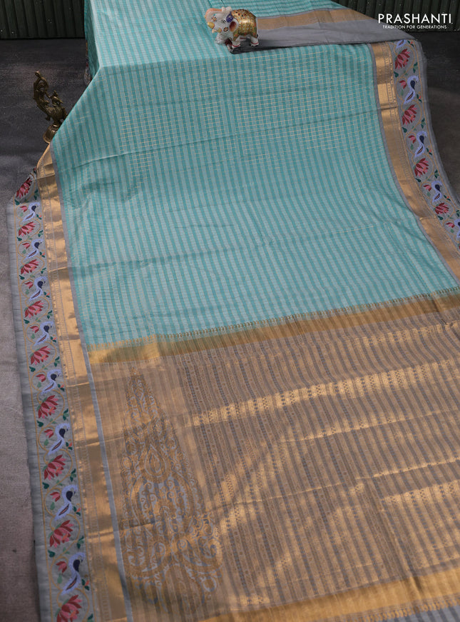Tussar silk saree teal blue and grey with allover zari checked pattern and zari woven embroidery work border