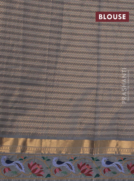 Art tussar silk saree teal blue and grey with allover zari checked pattern and zari woven embroidery work border
