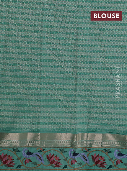 Art tussar silk saree off white and teal green with allover zari ckecked pattern and zari woven embroidery work border