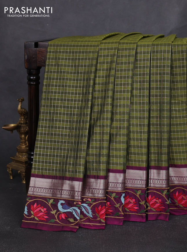 Tussar silk saree sap green and purple with allover zari ckecked pattern and zari woven embroidery work border